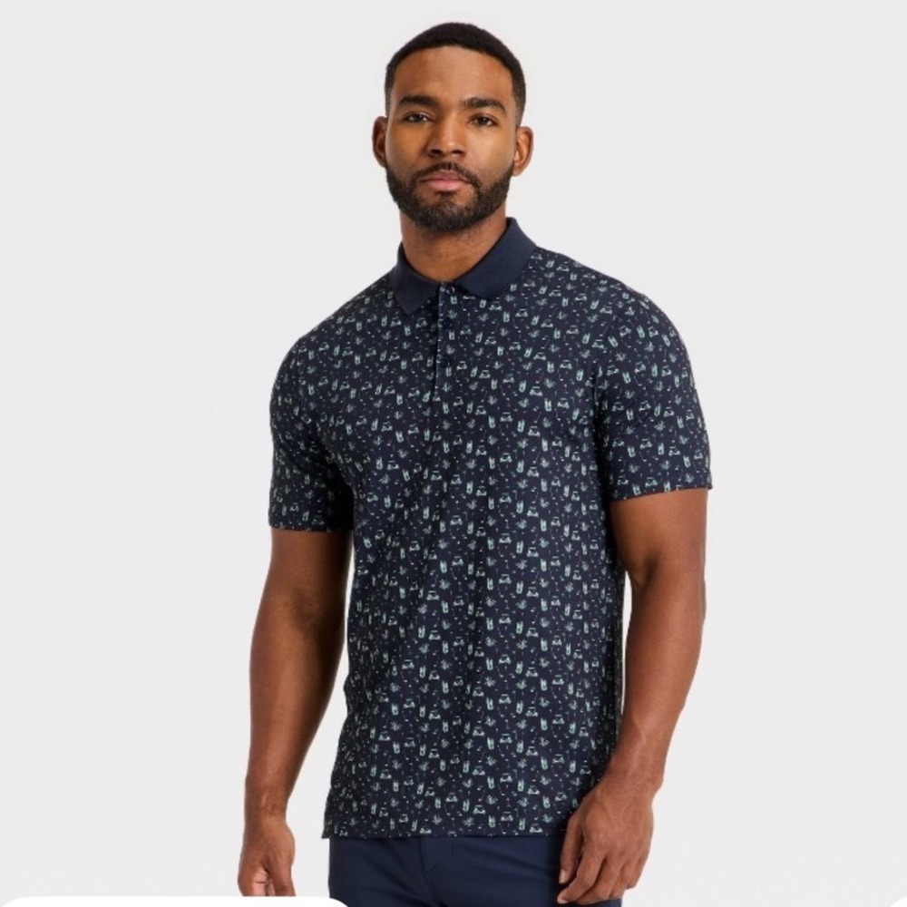 All in Motion Mens Textured Polo Shirt Navy Blue Golf Cart Cactus Print Lg NWT